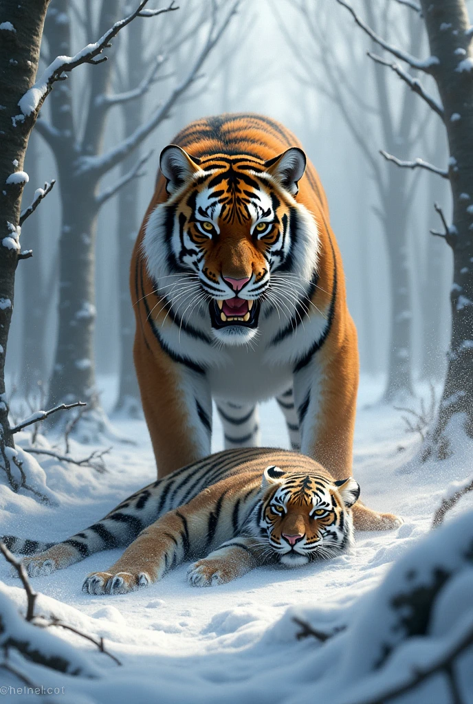 I wanted to draw a victorious tiger stomping on a dead leopard, in the frozen forest.