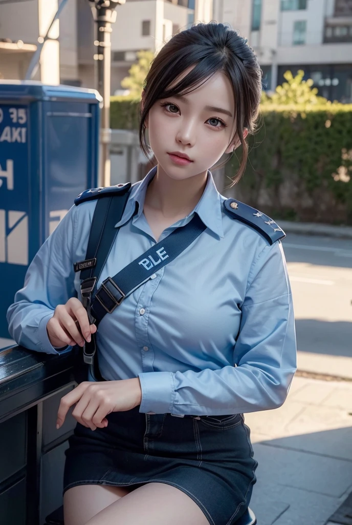 Female police officer、cute、young woman、1、Short Bob、Miniskirt Police、Sitting cross-legged at the police box、(((Blue police uniform)))、(best quality,4K,8k,highres,masterpiece:1.2),ultra-detailed,(realistic,photorealistic,photo-realistic:1.37),HDR,uhd,studio lighting,ultra-fine painting,sharp focus,physically-based rendering,extreme detail description,professional,vivid colors,bokeh,cinematic lighting,dramatic shadow, Textured skin,