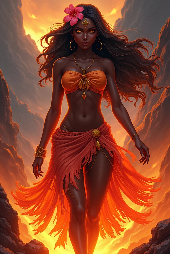 {a hawaiian goddess} {fire colored hawaiian clothes} {a pink flower in her hair} {more details of lava on his body} {skin black} {brown eyes and long hair} {lava-colored open skirt} {アニメ} {details of lava veins on his body}
