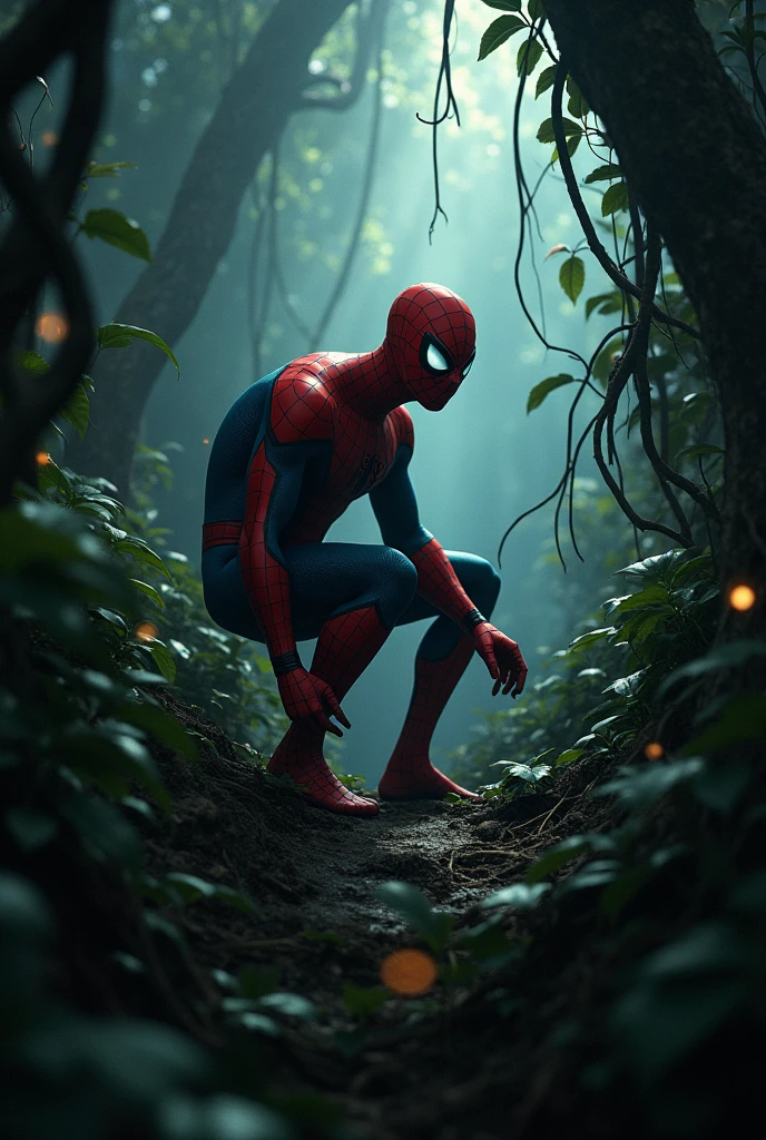 Spider man in darken night at jungle