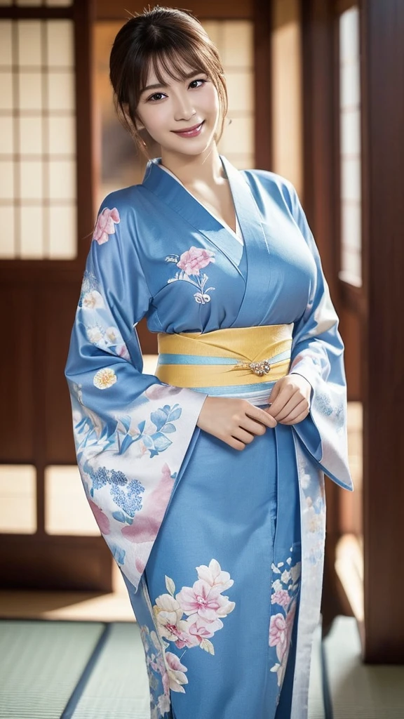 ((Highest quality、8k、masterpiece:1.3))、(Beautiful and vivid background: 1.2), (Very detailedCG, Very detailed, Best Shadow: 1.1), ((Depth of written boundary)),Beautiful concept art,(Very delicate: 1.1), (Perfect detail: 1.1),(Kimono with intricate patterns:1.3)、Young Japanese woman、(Anatomically correct body)、（Perfect figure:1.3）、(Very detailed美しい顔、Beautiful skin texture)、Cute smile、(Beautiful Eyes:1.1)、double eyelid、(Large Breasts)、Beautiful curves、Beautiful long legs、whole body