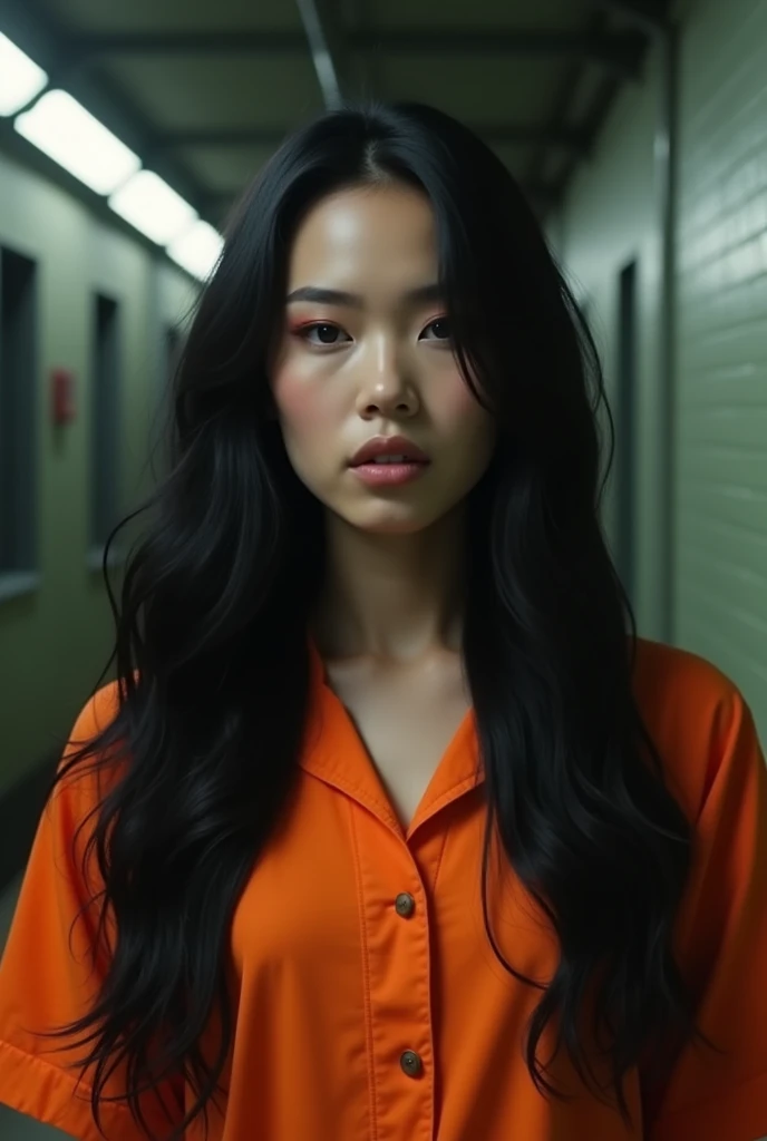 (long black hair , at prison , beautiful make up , orange prison jumpsuit, full body view, at prison