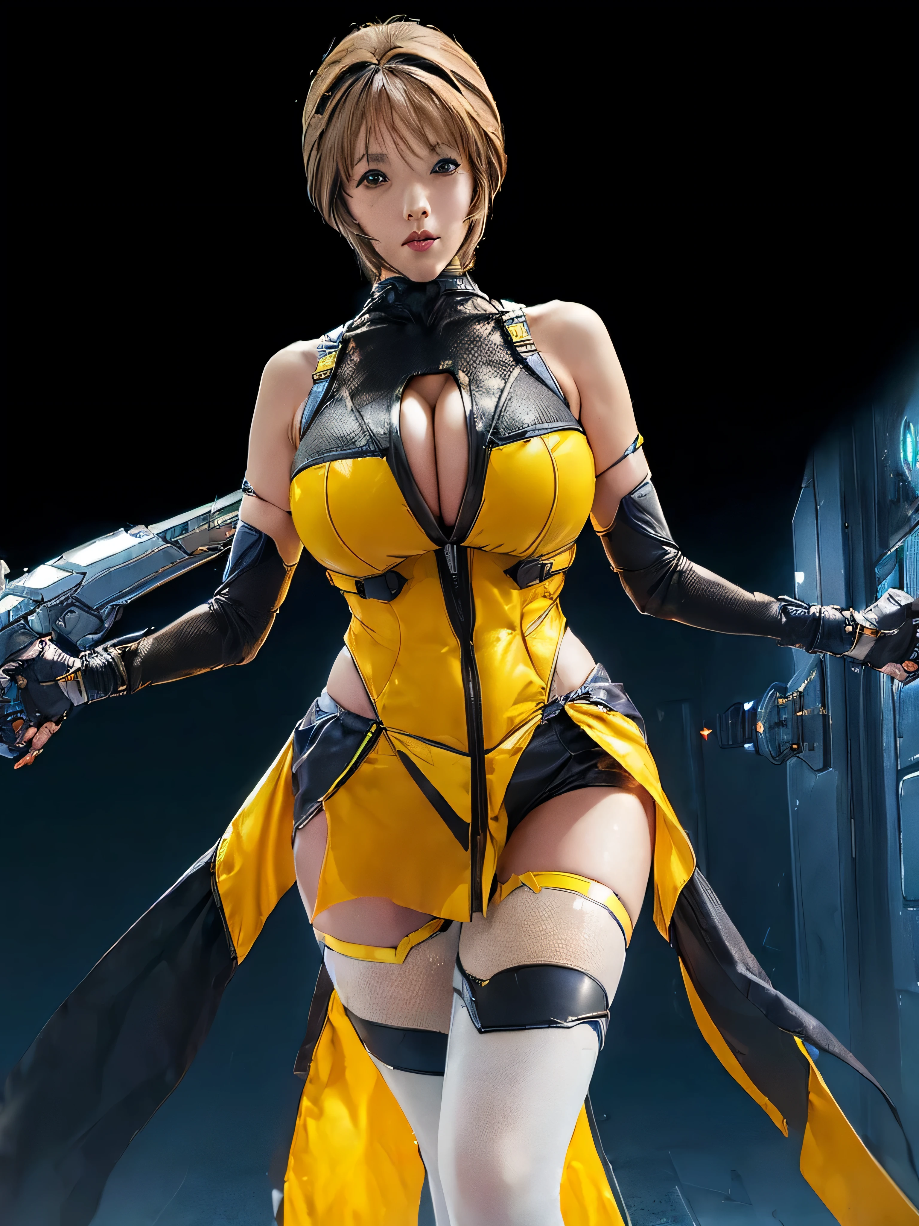 takamori haruka、最high quality、high quality,, ((Masseter muscle area)), ((High resolution)), ((最high quality)), detailed, ((Glowing Skin)), (Yellow , Black hot pants, Black muffler), Voluptuous bust, exposed navel, Bowl-shaped big bre from the front, Looking at the audience:1.5, Embrace your chest:1.5)、((background:futuristic facility:1.4))