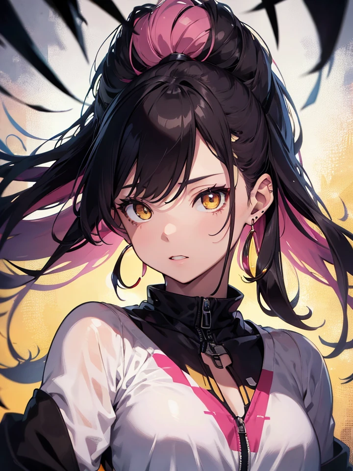 earphone, accurate, best quality, Action painting, abstract, Tiger Teeth, earrings, jewelry, Yang pink hair/dark hair, Yellow eyes, Black eye, Chest, High resolution, long hair, Very detailed, Textured skin, Ultra HD, high quality, best quality, anatomically correct, High resolution, Mouth, Jitter, 