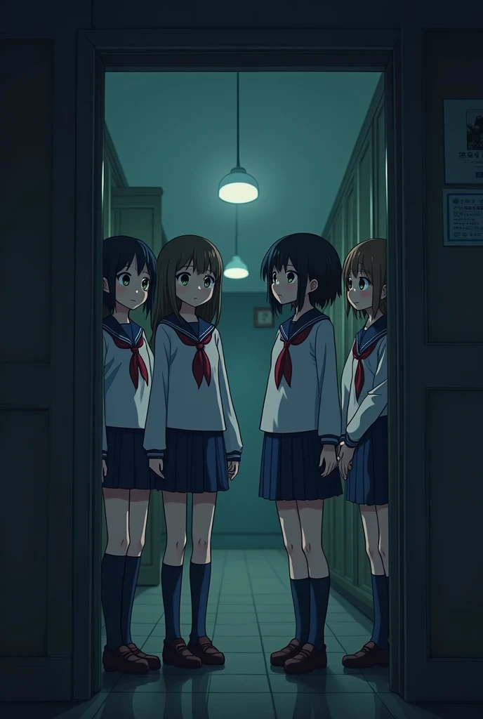 Middle school girls dormitory，Four girls，Uniforms，The background is eerie，Cute female voice，Anime style，Comic Style，Dark，Second Dimension，Pretty Girls，Chinese girl，High-definition horizontal screen image，One of them wears glasses，In the bedroom