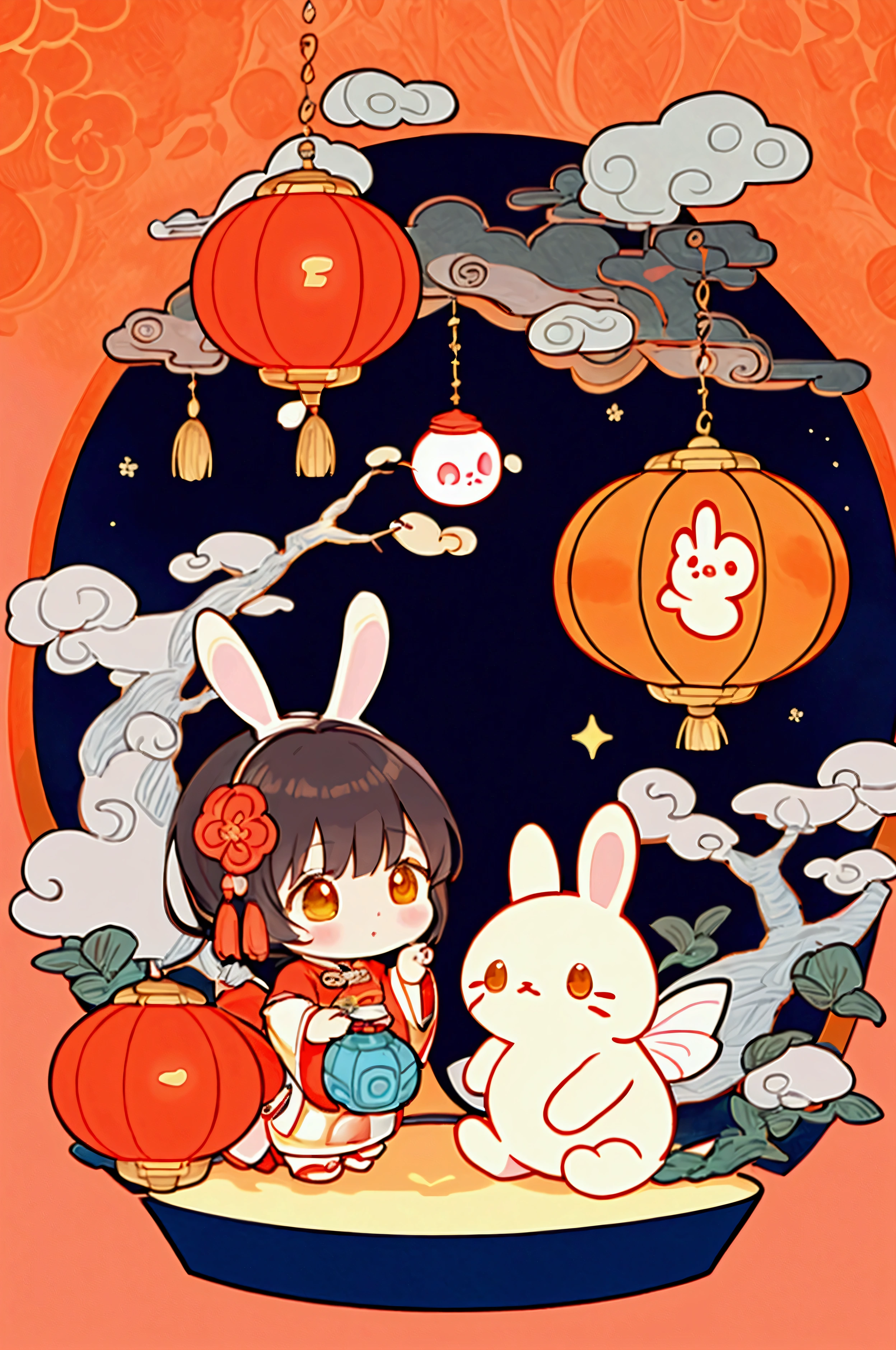 A chubby and cute little fairy, swinging under a osmanthus tree, with a round face, dressed in ancient Chinese clothing, and a little rabbit playing on a huge mooncake. Auspicious clouds, red lanterns, exquisite ancient Chinese architecture, with a huge moon in the background, with vector line illustrations, yellow and red and dark blue tones, abstract picture, surrealism, clear background trend, clear outline light, edge light, fantasy, dappled light, flat illustration, hello kitty style,Disney style, 8k