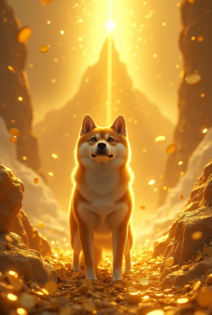 gold mountain, Gold coins, Shiba Inu, Gold coins이 하늘에서 쏟아진다. Dazzling Gold, Golden Light, Golden Box, Gold coins, Ascend to heaven、limp、Sad expression