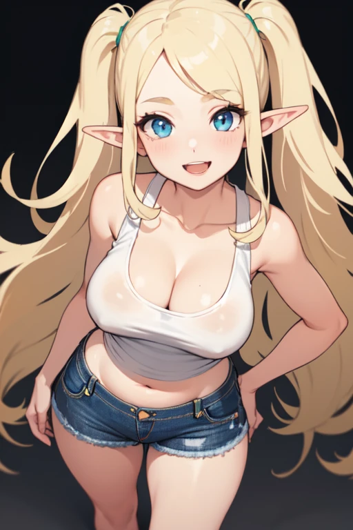((Highest quality, High resolution, masterpiece, detailed)), 1 girl, Anatomically correct, woman, Perfect Face, Cute and symmetrical face, Elf Ears, Beautiful blonde Hair, Beautiful Face, Beautiful Eyes, Beautiful body, Beautiful huge voluptuous breasts, Beautiful belly button, Beautiful waistline, Beautiful thighs, Beautiful legs, (Long Hair, Platinum Blonde Hair), (cute Smile), Sexy pose, (small jeans shorts), (white tank top), (big cleavage), full body in frame
