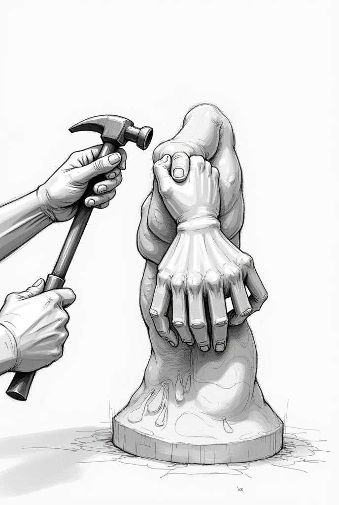 Create a sketch-style image focused on the hands of a sculptor is in the process of sculpting a statue using a hammer and chisel. The statue should symbolize unity, featuring multiple hands joining hands together. The image should emphasize the careful and deliberate process of crafting unity and the overall style should remain artistic and inspirational
