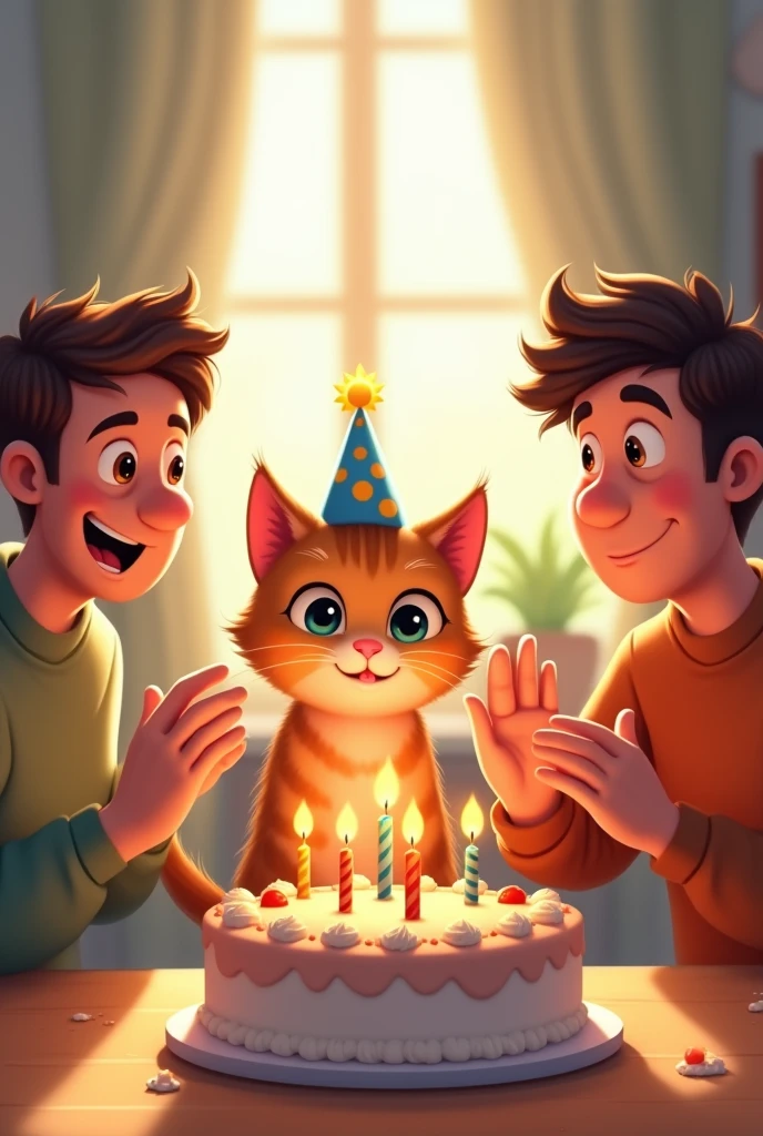 A cute cat is blowing out candles on a cake and two men are clapping.