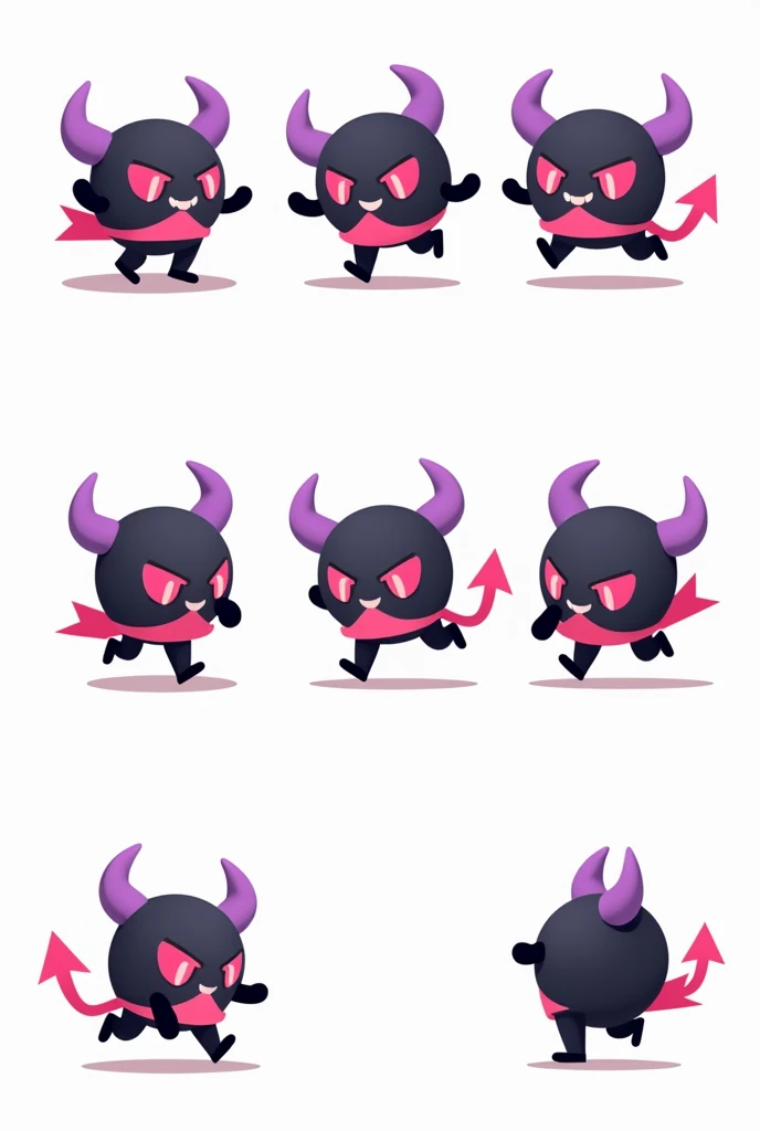 Create animation sprite sheets for 2D character animations with frames for detailed movements。, Animation ready. , Idol , Run left, right. Create a devilish mascot, A ball with light purple horns and pink eyes, Black with a pink ribbon, His facial expression shows a smile. Like Pokémon, White Background