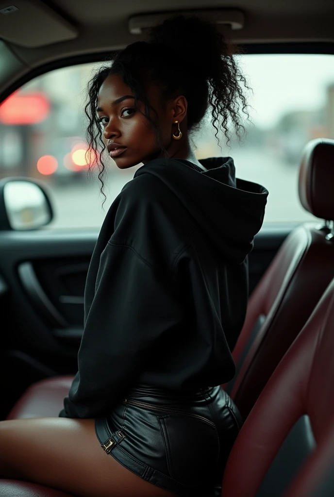 Black woman wearing leather short shorts up in crack black hoodie hair in a bun setting in car  the backseat backside view