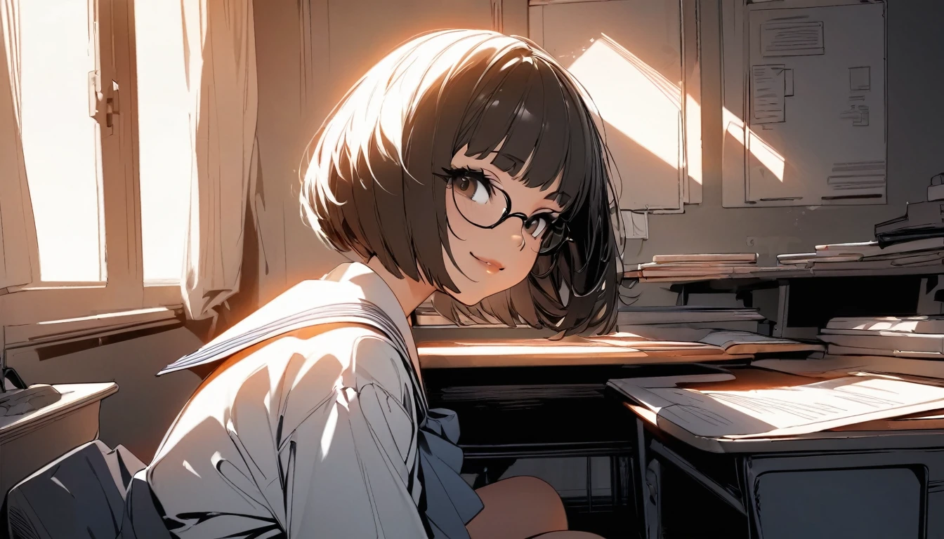 ((highest quality:1.2, Very detailed, up to date, Vibrant, Ultra-high resolution, High Contrast, masterpiece:1.2, highest quality, Best aesthetics), (wide shot:1.5), Portraiture、girl、solo, (15-years-old:1), slim, brown eye, Bright colors、Beautiful fine details、Beautiful lip detail、extra short hair, ((bob cut:1.5))、black hair, (highlights hair: 1.6), (medium breast:0.7), (tan skin:0.5), glasses, school uniform, studyind, sitting at the study desk, bright her room, look at viewer:1, side view, smile, lineart, monochrome, clean line drawings,