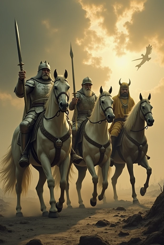 offwhite: Represents conquest, the word of God or the antichrist. The knight carries a bow and a crown, and emerges victorious to conquer.
rot: Represents war.
blackw: Representa a famine. The knight carries a scale in his hand.
yellow: Represents death. The knight is called Death, and hell follows him. The knights have the power to kill a quarter of the earth with sword, famine, the fish is iron.