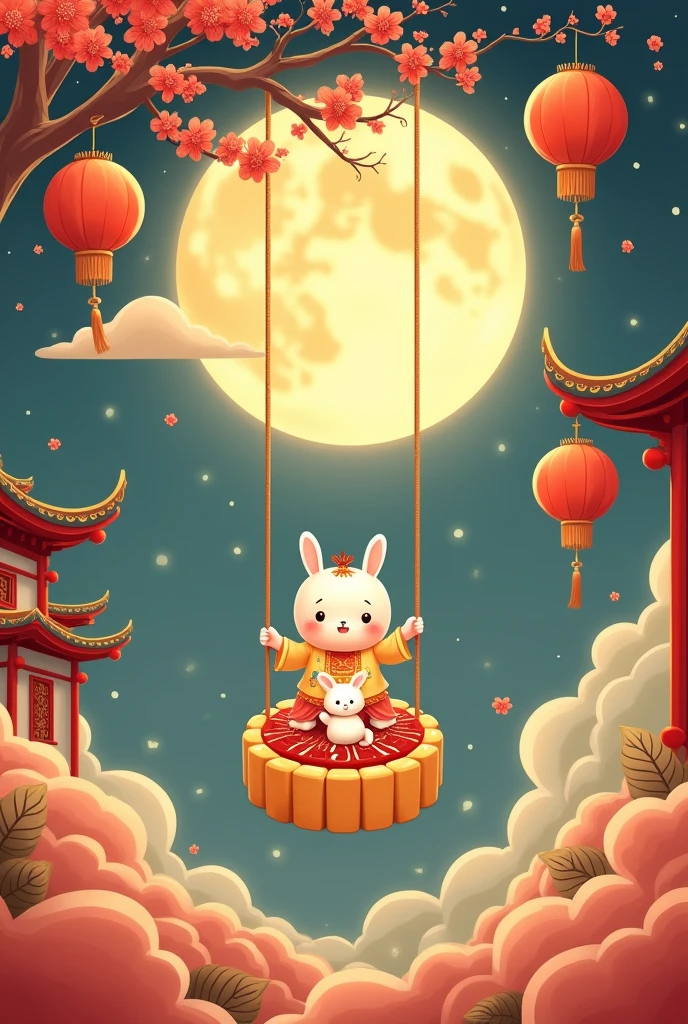A chubby and cute little fairy, swinging under a osmanthus tree, with a round face, dressed in ancient Chinese clothing, and a little rabbit playing on a huge mooncake. Auspicious clouds, red lanterns, exquisite ancient Chinese architecture, with a huge moon in the background, with vector line illustrations, yellow and red and dark blue tones, abstract picture, surrealism, clear background trend, clear outline light, edge light, fantasy, dappled light, flat illustration, hello kitty style,Disney style, 8k