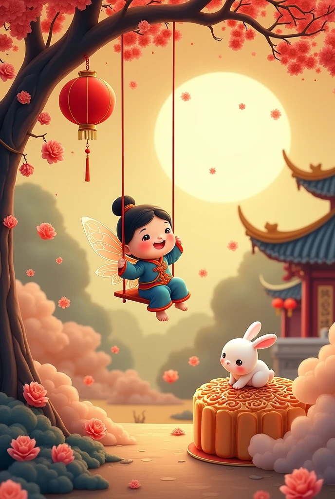 A chubby and cute little fairy, swinging under a osmanthus tree, with a round face, dressed in ancient Chinese clothing, and a little rabbit playing on a huge mooncake. Auspicious clouds, red lanterns, exquisite ancient Chinese architecture, with a huge moon in the background, with vector line illustrations, yellow and red and dark blue tones, abstract picture, surrealism, clear background trend, clear outline light, edge light, fantasy, dappled light, flat illustration, hello kitty style,Disney style, 8k