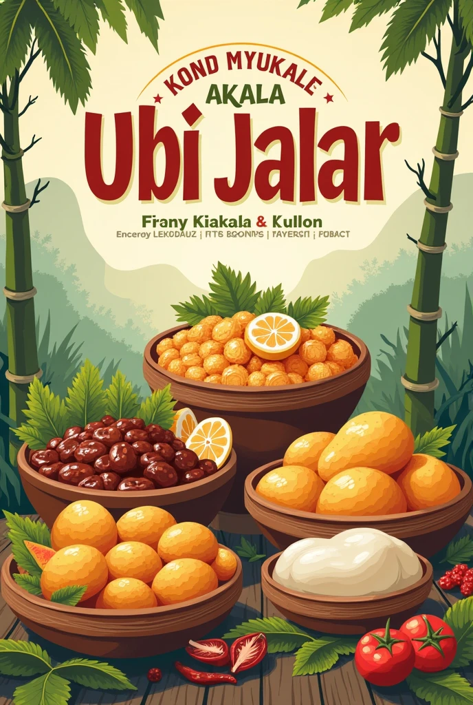 make a poster about the local food of sweet potato with its explanation using simple Indonesian language