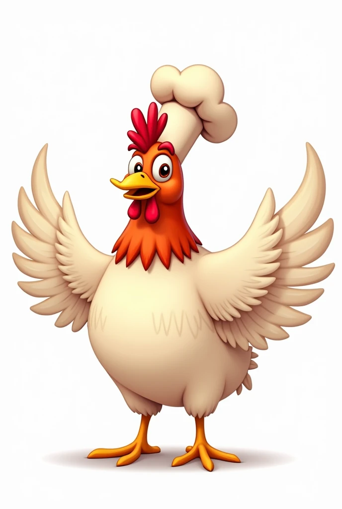 A chicken that is a chef with an chef hat ,red neck and spreading wings welcomes people.with slightly closed beak. On removing background.