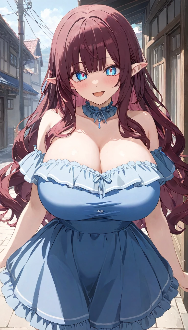 (masterpiece), best quality, highly detailed, absurdres, source_anime, anime screencap, 1girl, huge breasts, (maroon hair:1.2), long hair, (wavy hair:1.1), light detailed eyes, blue eyes, full bangs, (blue flared dress:1.2), short skirt, frills, frilled choket, (standing:1.1), smile, open mouth, pointy ears, (make-up, eyeshadow:1.1), outside,