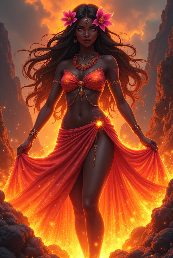 {a hawaiian goddess} {fire colored hawaiian clothes} {a pink flower in her hair} {more details of lava on his body} {skin black} {brown eyes and long hair} {lava-colored open skirt} {アニメ} {details of lava veins on his body}