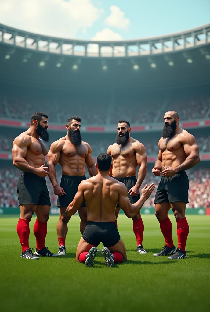 Five strong hairy Iranian football players very hairy chest hair bearded, wearing no shirt, black shorts and red socks and black cleats, giving an interview for a television program, at the field, gesturing, next to the reporter, big football stadium full of people. One of them praying kneeling in black underwear with his hands extended towards the sky..