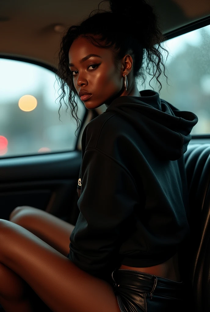 Black woman wearing leather short shorts up in crack black hoodie hair in a bun setting in car the backseat backside view