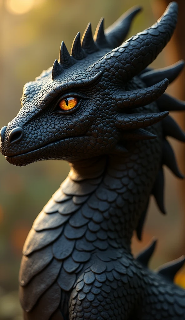 A female dragon hybrid from Angola, featuring smooth, deep ebony scales that capture the essence of the African savanna. Her eyes are intense and golden, reminiscent of the Angolan sun. Her facial features are strong and elegant, with high cheekbones and full lips. She has long, sharp claws and a serpentine tail, embodying a blend of human beauty and dragon power, with a regal and mysterious aura.