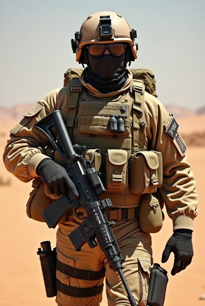 adult man, special forces soldier, us navy seal uniform, desert style combat helmet, with night vision, combat sunglasses, desert camo bulletproof vest, with ammunition, combat belt, pistol pouch, desert camo combat pants, desert style combat boots,