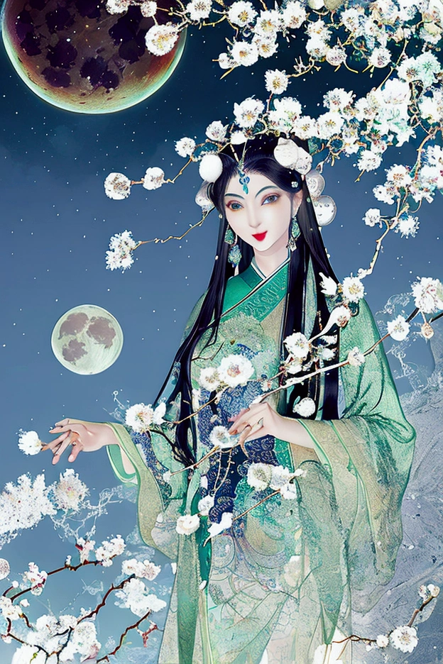 masterpiece,(ultra detailed:1.3),best quality,(sparkle:1.2),(Fantasy World:1.4),nigth,1girl, solo,hair flower,long hair,(jade carved branches:1.3),(1full_moon:1.3),(1rabbit:1.3),(clouds:1.2),looking at viewer,(texturedfabrics),red hanfu,zhongqiu,(Chinese lanterns:1.2),dancing,hanfu,A plate containing mooncakes,Chinese architecture