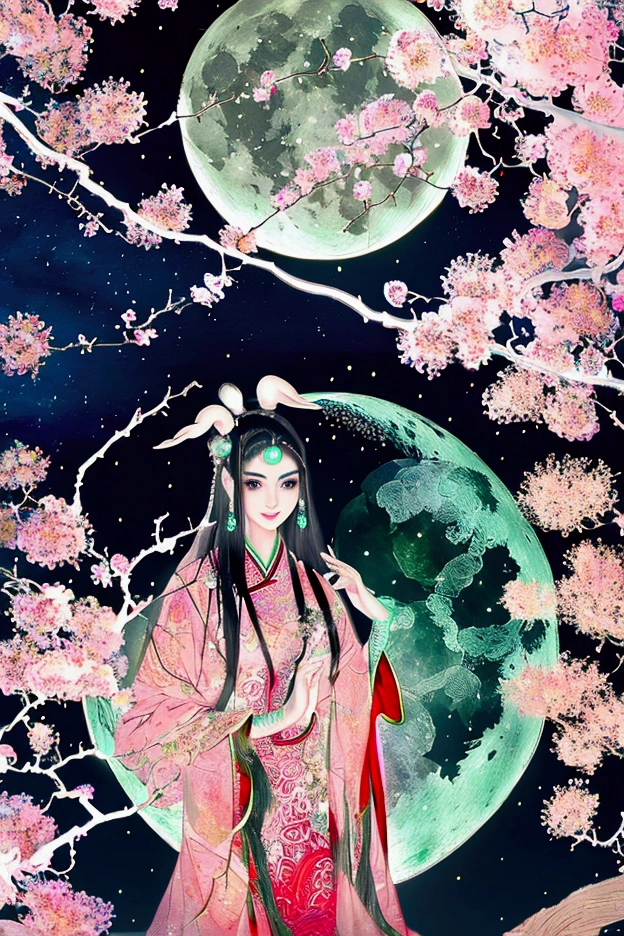 masterpiece,(ultra detailed:1.3),best quality,(sparkle:1.2),(Fantasy World:1.4),nigth,1girl, solo,hair flower,long hair,(jade carved branches:1.3),(1full_moon:1.3),(1rabbit:1.3),(clouds:1.2),looking at viewer,(texturedfabrics),red hanfu,zhongqiu,(Chinese lanterns:1.2),dancing,hanfu,A plate containing mooncakes,Chinese architecture