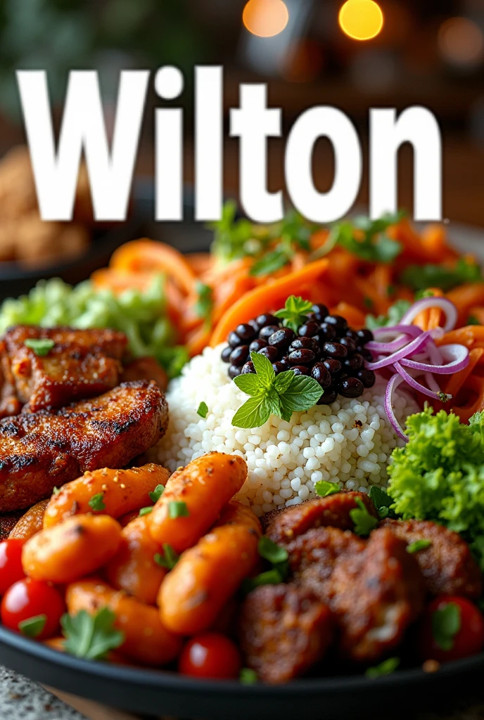 Image of the full name "wilton " on top of a very full meal plate , with rice, feijao , carne , salads