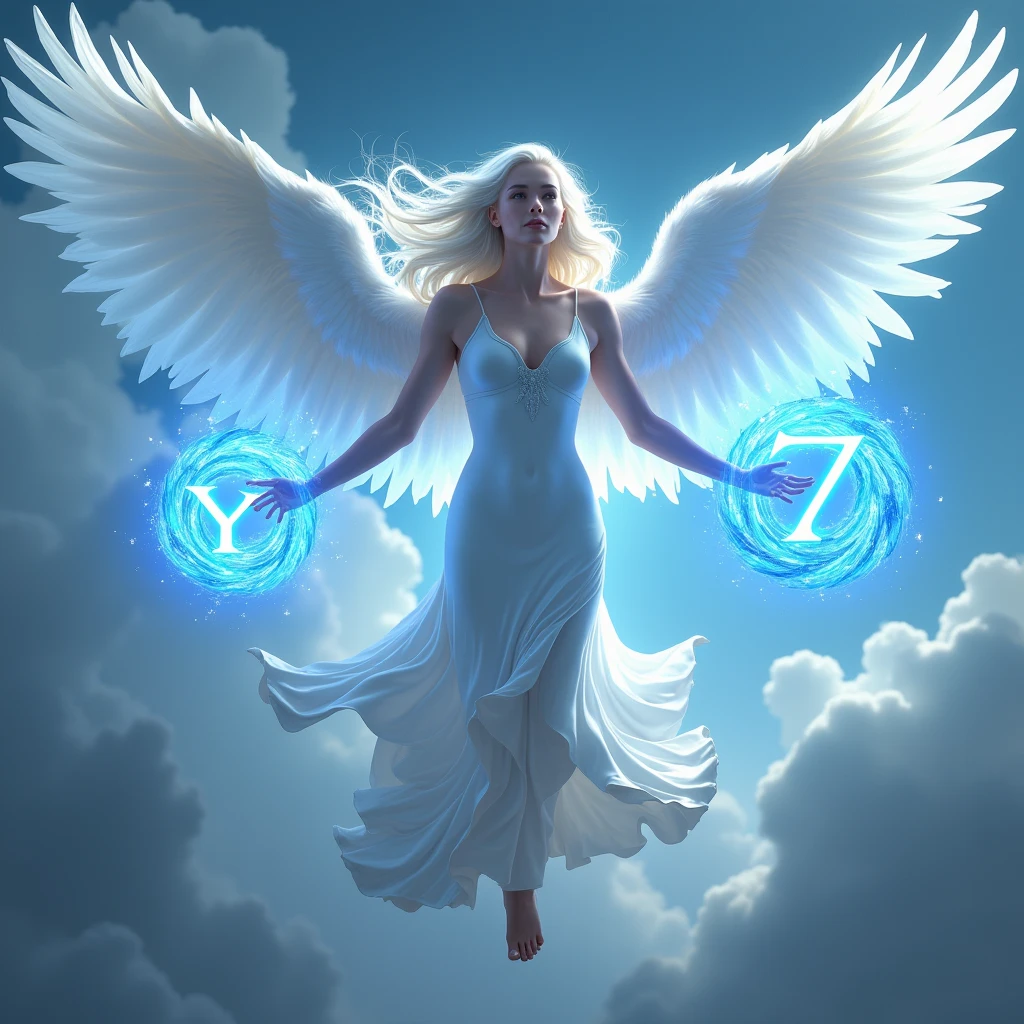 A woman flying with wings and white hair, in a tight white dress, red platform heel, holding the letter Y and the number 7 of blue fire.