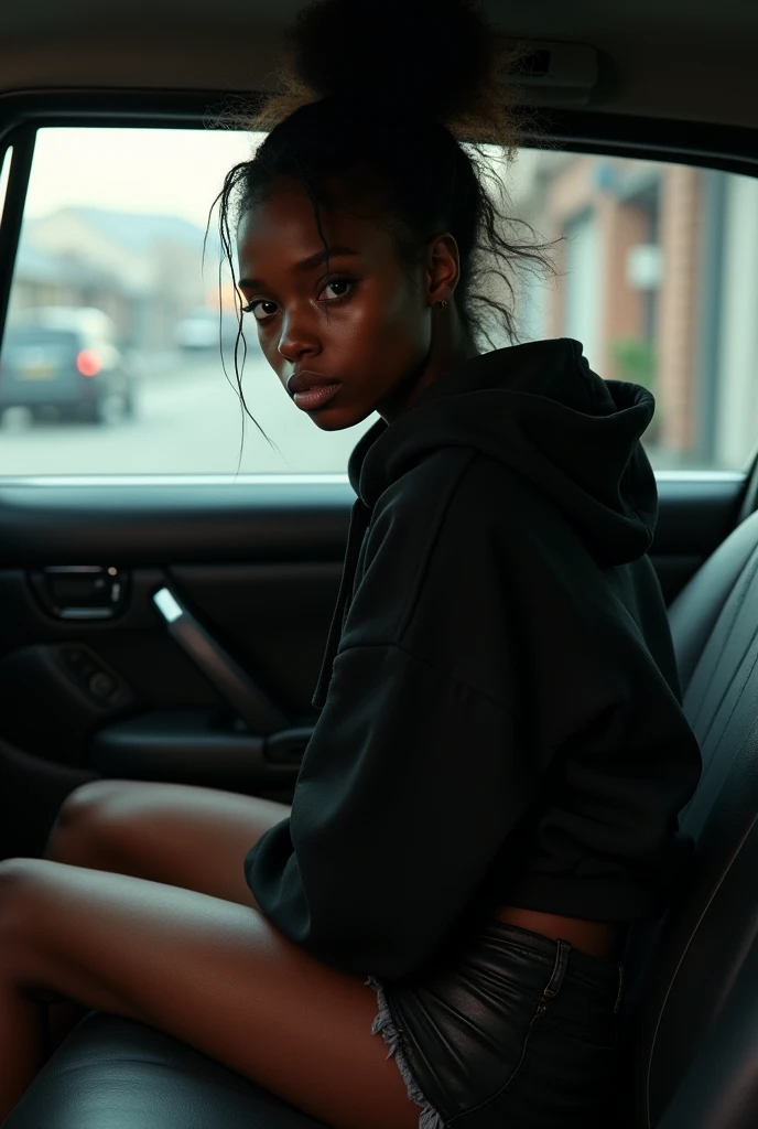 Black woman wearing leather short shorts up in crack black hoodie hair in a bun setting in car the backseat backside view