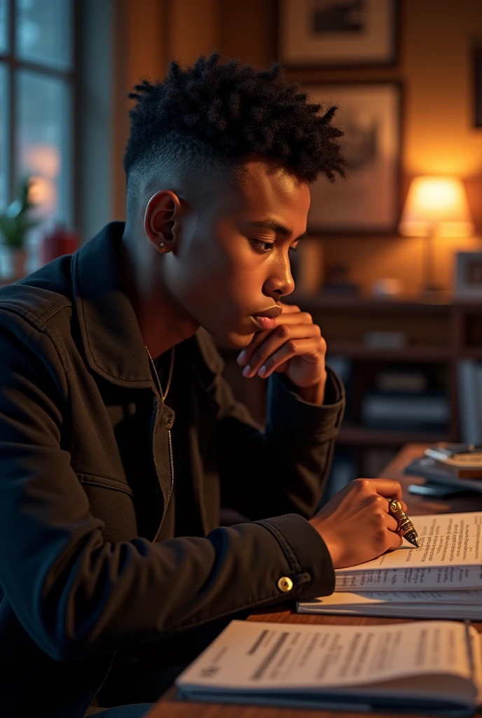 Un jeune musicien, beau et noir de 23 ans , qui pensé a une nouvelle chanson a écrit, qui une coiffure tapers dégradé