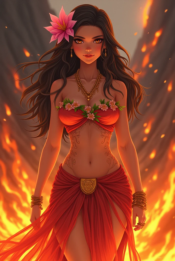 {a hawaiian goddess} {fire colored hawaiian clothes} {a pink flower in her hair} {more details of lava on his body} {brunette skin} {brown eyes and long hair} {lava-colored open skirt} {アニメ} {details of lava veins on his body}