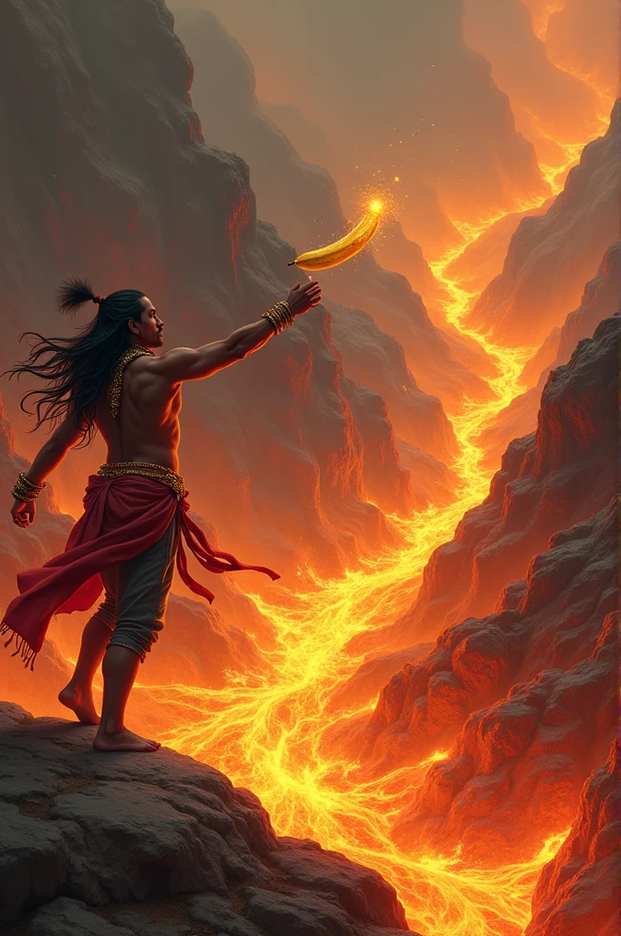 Indian hand throwing banana in hot lava 