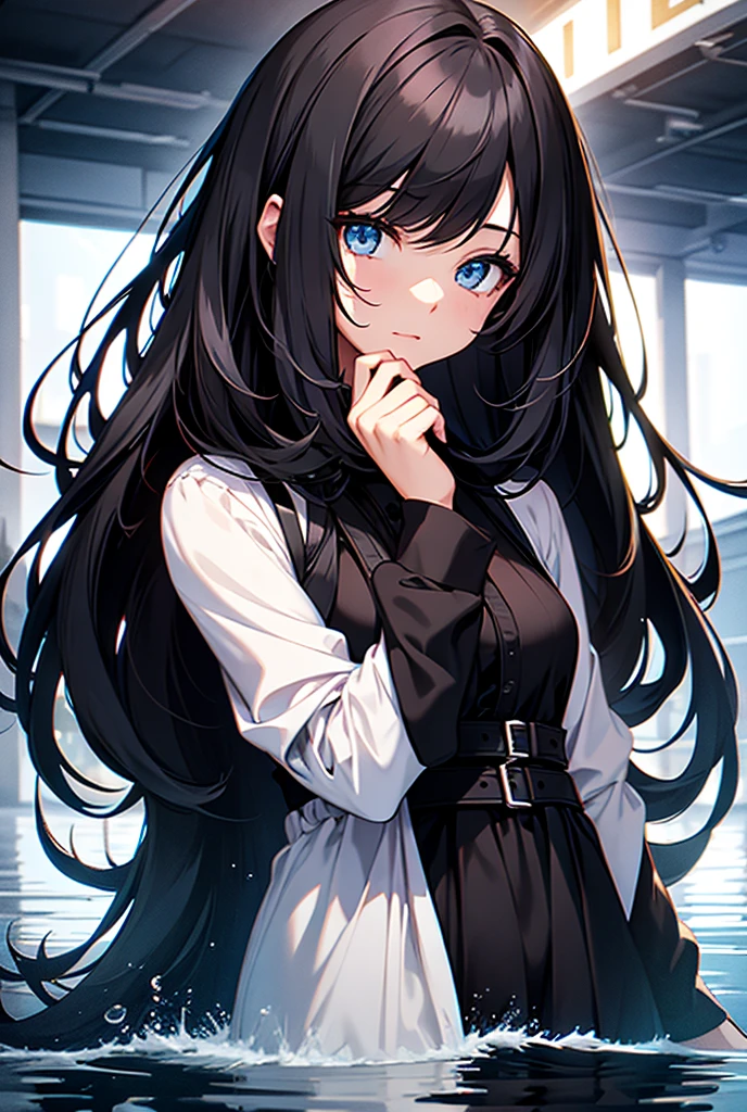 Young woman,long black hair,blue eyes,Black dress,water,universe,
best quality, Masterpiece, high resolution,