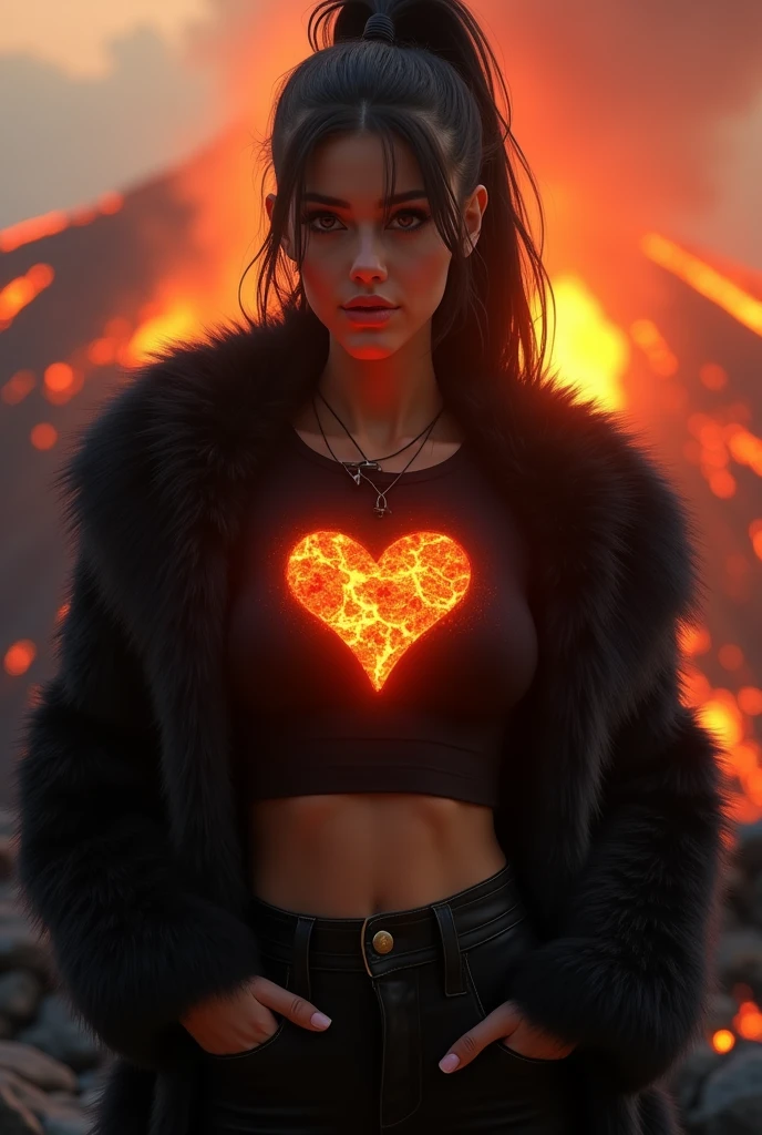1girl, illuminating molten lava inside chest sternum, (glowing chest:1.2), cleavage, underboob, full breasts, jagged rock, dormant volcano, (masterpiece, best quality, extremely detailed, hyperrealistic, photorealistic), russian model, detailed face, high ponytail, black hair, black fur coat, t-shirt, warm hue, warm tone, visible steam, smile, (10yo, cute:1.3), (breasts:1.2),