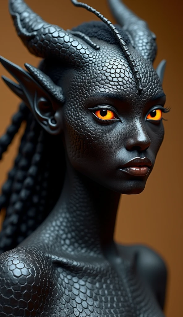 An Angolan woman with dragon-like features, her body covered in dark, shimmering scales that reflect the rich soil of Angola. Her eyes are large, almond-shaped, and glowing amber. Her facial structure is sharp yet graceful, with a prominent jawline and high cheekbones. Her hair is a flowing mane intertwined with small, horn-like structures, giving her a powerful and mystical appearance.