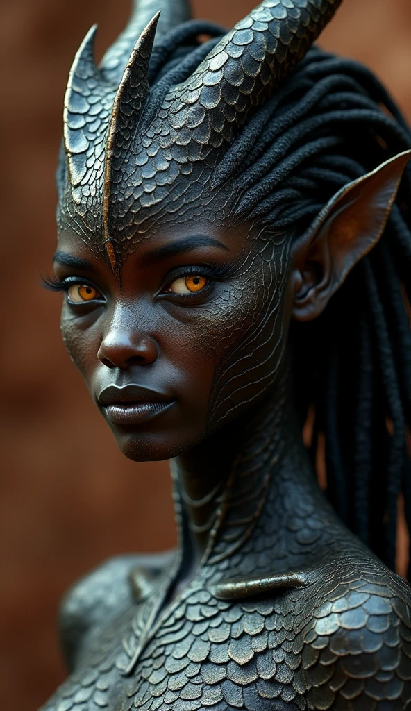 An Angolan woman with dragon-like features, her body covered in dark, shimmering scales that reflect the rich soil of Angola. Her eyes are large, almond-shaped, and glowing amber. Her facial structure is sharp yet graceful, with a prominent jawline and high cheekbones. Her hair is a flowing mane intertwined with small, horn-like structures, giving her a powerful and mystical appearance.
