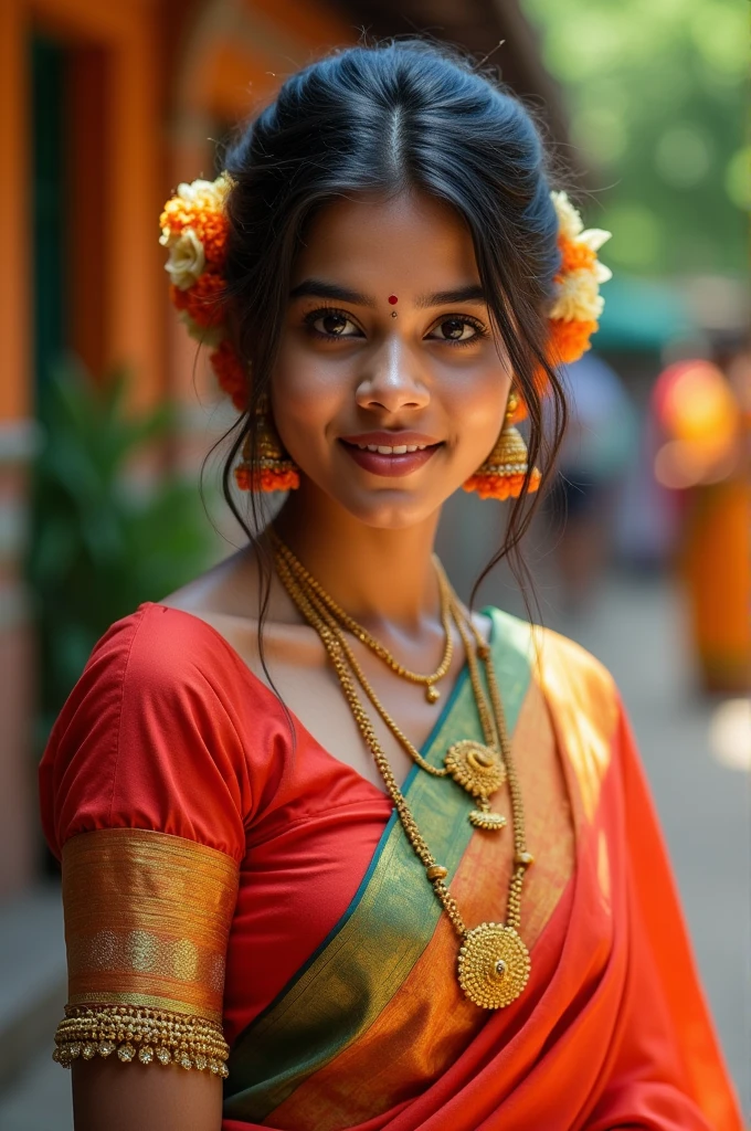 Agirl

- **Age**: 18
- **Hair**: Black, styled traditionally
- **Height**: About 5'1"
- **Skin tone**: Medium
- **Style**: Traditional attire, which could include items like a saree