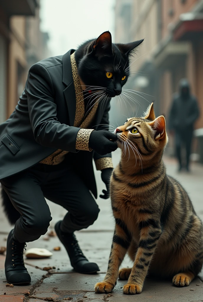 rich well dressed cat biting the homeless cat like homeless human
