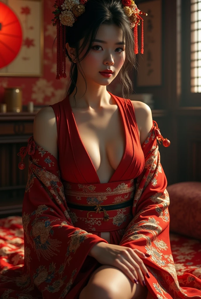 super sexually attractive Japanese Oiran wearing provocative kimono in obscene posture seducing her patron
