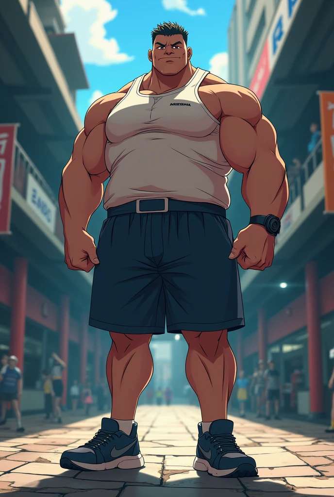 a person with a wide waist, over 6 feet tall, wearing a sports outfit, cinematic, 4k resolution, anime styling