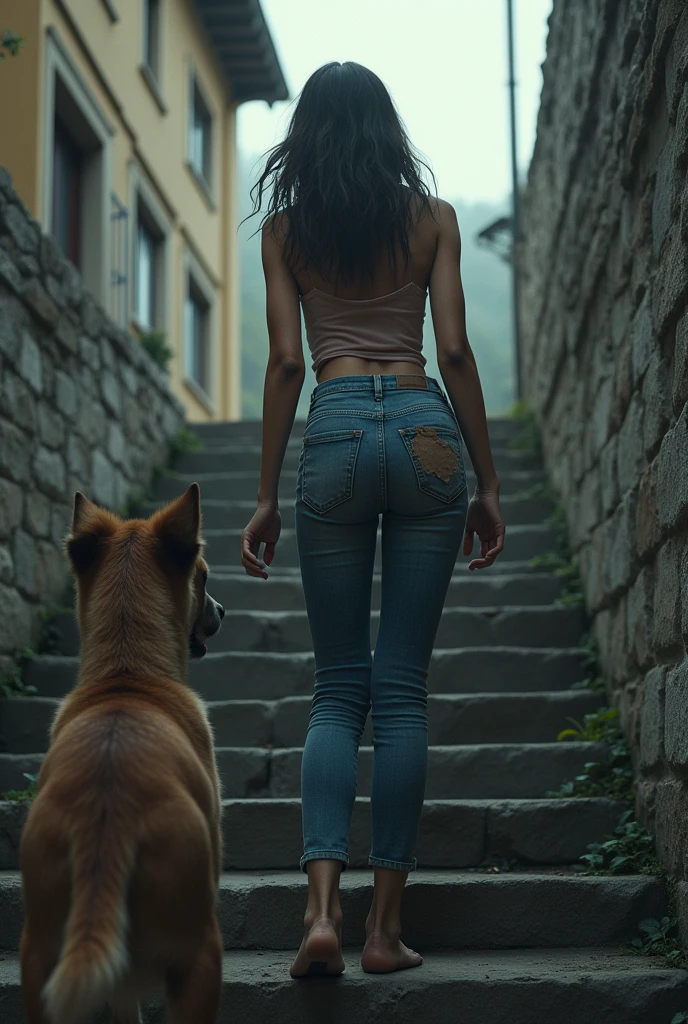 A young woman named Aline is standing, standing backwards, on a stone staircase, visibly terrified. She is wearing jeans with a noticeable feces stain.. Aline had defecated in her jeans. Her face shows intense fear as she backs away from a threatening dog at the foot of the stairs.. The staircase is located in an outdoor urban environment, increasing the tense dinner atmosphere.