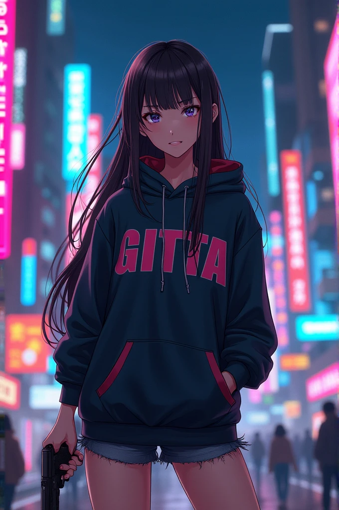Create a character anime, {background: capital text “GLBK”, night city}, tanned skin,
realistic, HDR, beautiful, japan style, full body, use piastol, age 20, hoodie HD text: “GITTA”, female, long hair