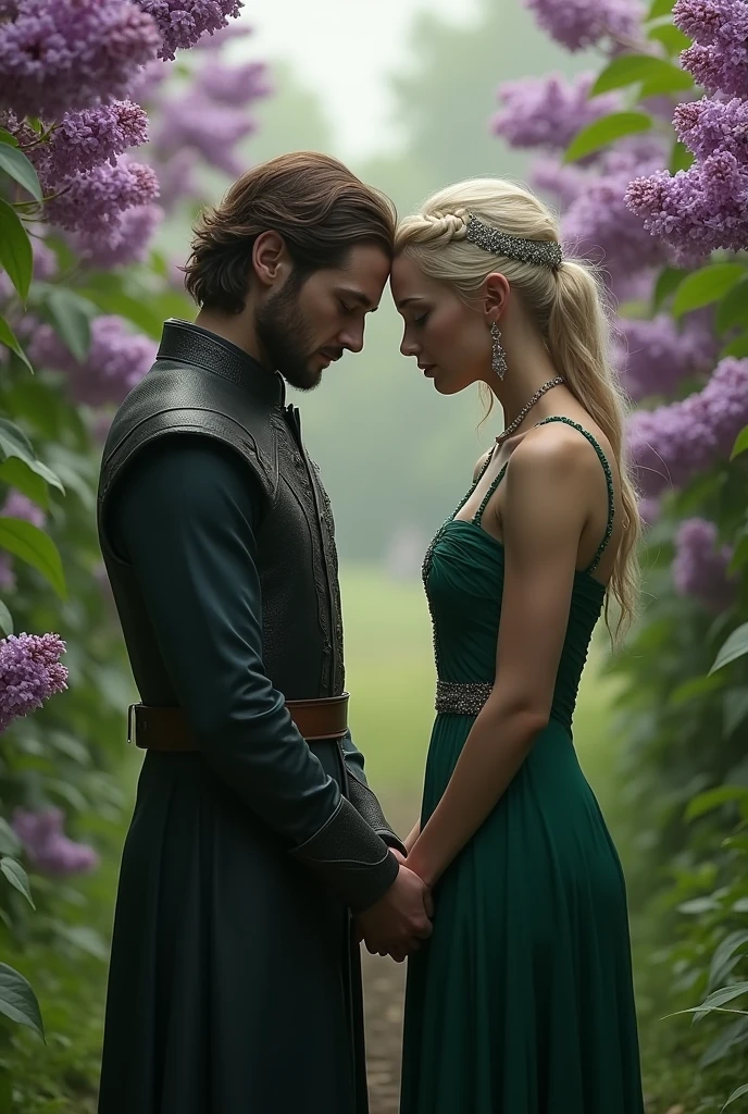 * Game of Thrones. The dwarf Tyrion Lannister holds Sansa's hand, she is dressed in a green long dress, they are both in a garden with lilacs*
