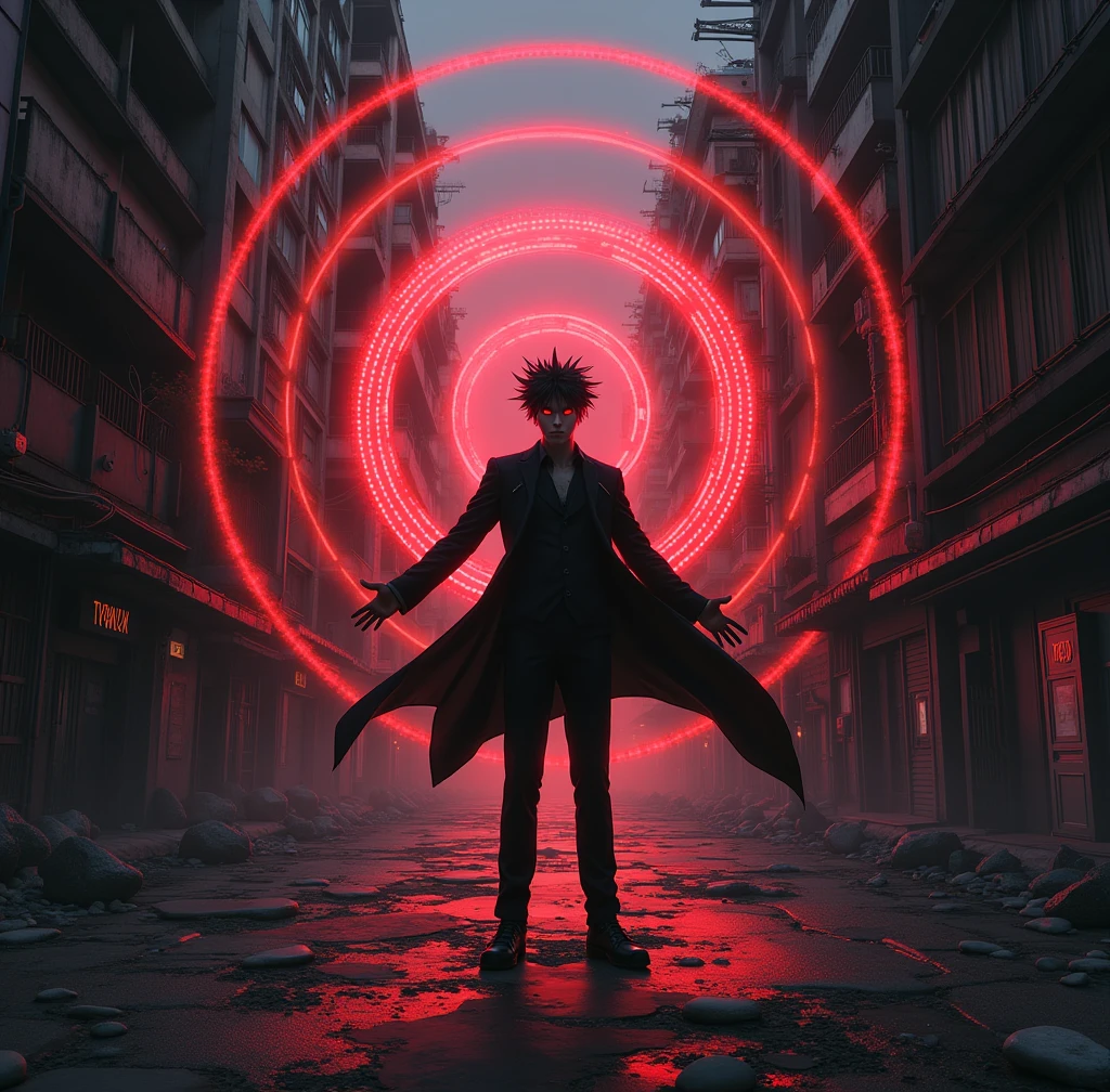 ruined, 1 guy, car, epic composition, City street, Japan, deserted street, the night, flashing in the background, color red, (Masterpiece artwork, best qualityer: 1.2), male focus, 1 , (work of art:1.3),(best qualityer:1.2),8k,absurdrez,Unity 8k WallPapper,(extremely detaild:1.3),paramount, high resolution, incredible, illustration, beautiful studio soft light, incredibly beautiful, incrivelmente absurdrezs, vivid details, cinematic lighting, moody lighting, pixiv, awardwinning, proffesional, highy detailed, inform, looking a viewer, ssmile, shorth hair, 1 , black hair, male focus,spiky hair, front viewer, (background red:1.1),Eyes red,a concentric circular pattern that resembles a target, with a small dot in the center, (magie:1.3), (Aura:1.3), blood angel halo, Black Suit, open arms,(flashy:1.3) Inspiration, sleeved, chainsawman. (Similar stroke style)