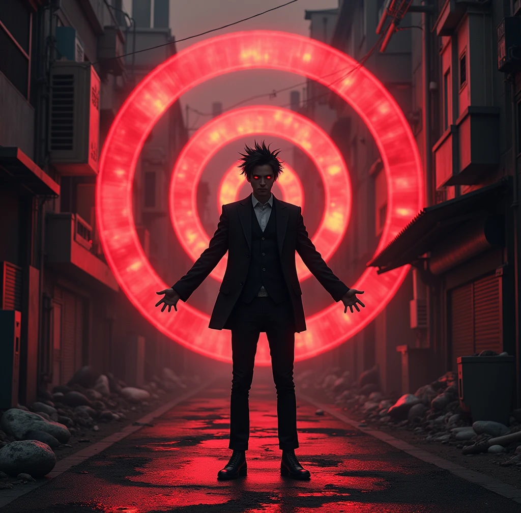 ruined, 1 guy, car, epic composition, City street, Japan, deserted street, the night, flashing in the background, color red, (Masterpiece artwork, best qualityer: 1.2), male focus, 1 , (work of art:1.3),(best qualityer:1.2),8k,absurdrez,Unity 8k WallPapper,(extremely detaild:1.3),paramount, high resolution, incredible, illustration, beautiful studio soft light, incredibly beautiful, incrivelmente absurdrezs, vivid details, cinematic lighting, moody lighting, pixiv, awardwinning, proffesional, highy detailed, inform, looking a viewer, ssmile, shorth hair, 1 , black hair, male focus,spiky hair, front viewer, (background red:1.1),Eyes red,a concentric circular pattern that resembles a target, with a small dot in the center, (magie:1.3), (Aura:1.3), blood angel halo, Black Suit, open arms,(flashy:1.3) Inspiration, sleeved, chainsawman. (Similar stroke style)