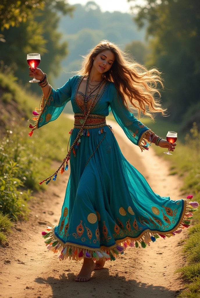 Gypsy woman with long light brown hair in a blue dress with coins on a dirt road dancing, holding his tambourine and a glass of wine, a blue and colorful leash around the neck and a false thin